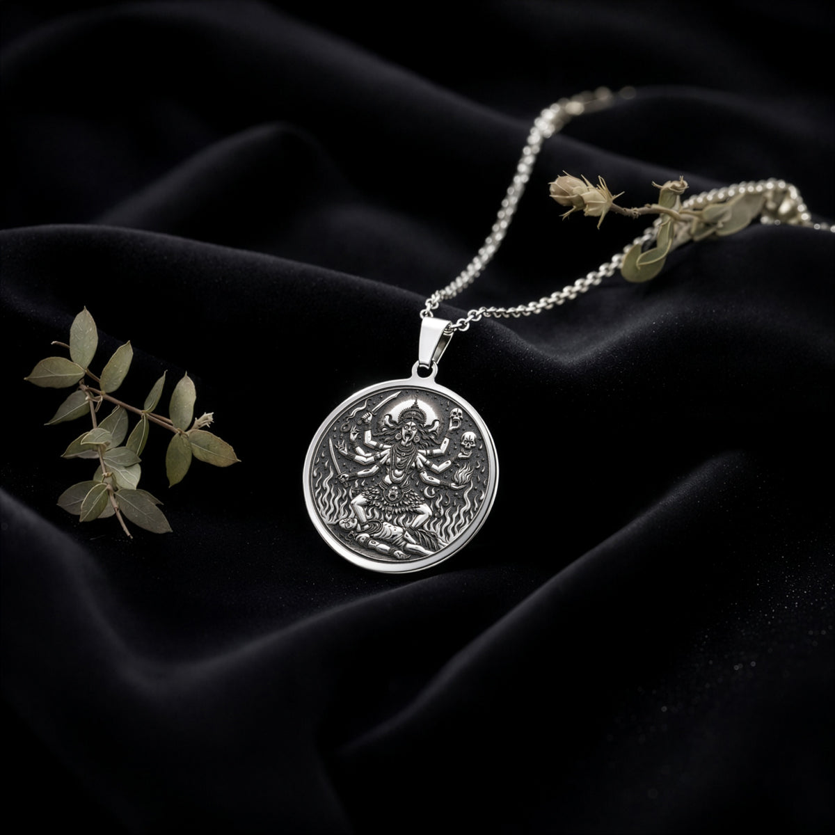 Kali Ma Goddess Skull Garland Pendant Necklaces 925 925 Sterling Silver metal pendant with intricate circular relief design necklace