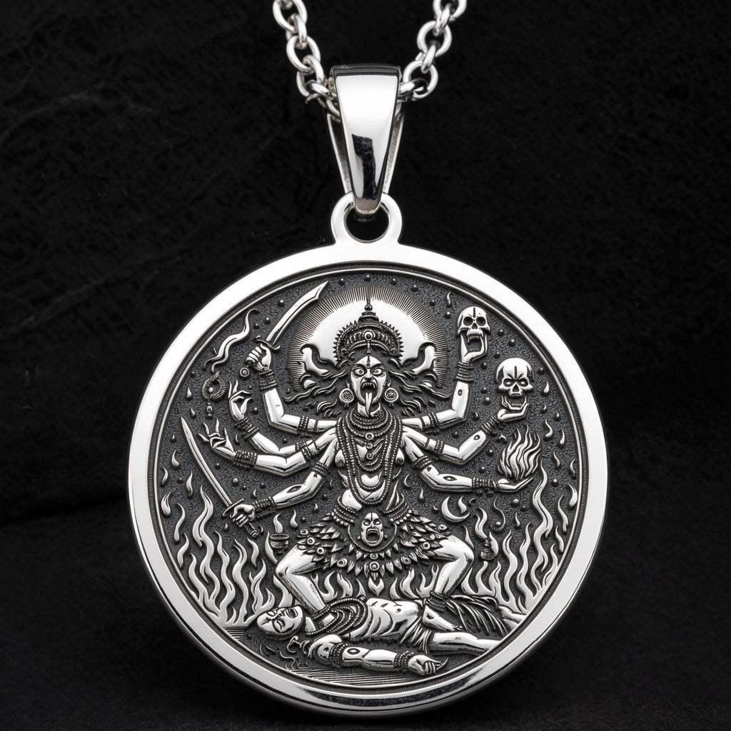 Kali Ma Goddess Skull Garland Pendant Necklaces 925 925 Sterling Silver pendant necklace featuring a fierce deity surrounded by skulls and flames.