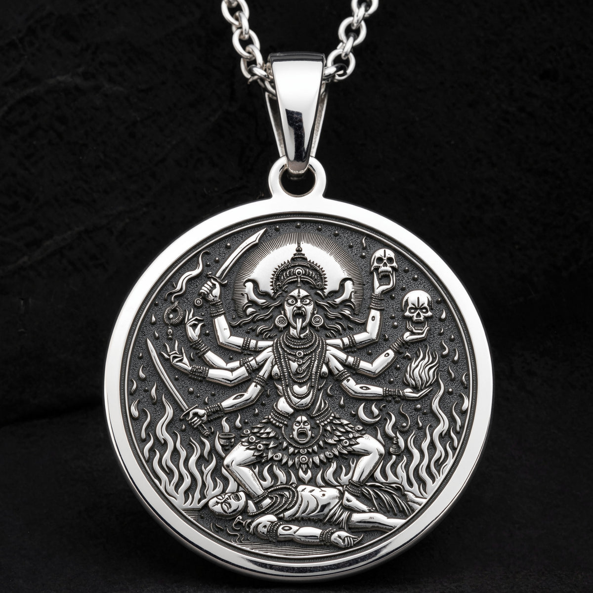 Kali Ma Goddess Skull Garland Pendant Necklaces 925 925 Sterling Silver pendant necklace featuring a fierce deity surrounded by skulls and flames.