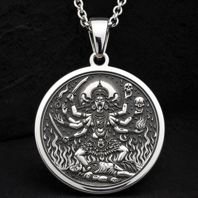 Kali Ma Goddess Skull Garland Pendant Necklaces 925 925 Sterling Silver pendant necklace featuring a fierce deity surrounded by skulls and flames.