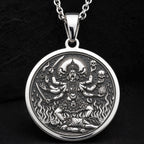 Kali Ma Goddess Skull Garland Pendant Necklaces 925 925 Sterling Silver pendant necklace featuring a fierce deity surrounded by skulls and flames.