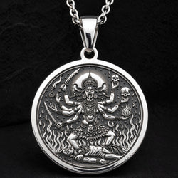 Kali Ma Goddess Skull Garland Pendant Necklaces 925 925 Sterling Silver pendant necklace featuring a fierce deity surrounded by skulls and flames.