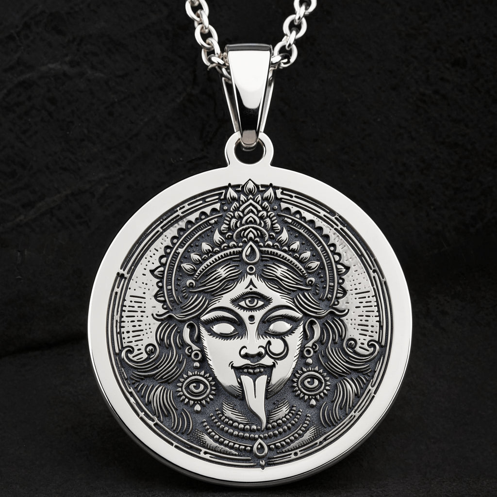 Kali Ma Skull Garland Tantra Pendant Necklaces 925 925 Sterling Silver sterling silver round pendant with ornate goddess face design necklace