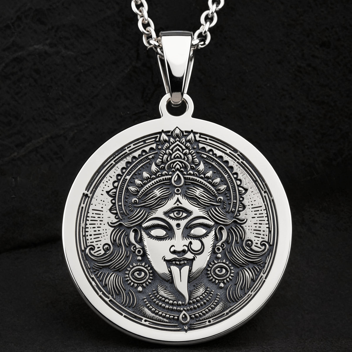 Kali Ma Skull Garland Tantra Pendant Necklaces 925 925 Sterling Silver sterling silver round pendant with ornate goddess face design necklace