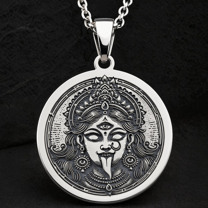 Kali Ma Skull Garland Tantra Pendant Necklaces 925 925 Sterling Silver sterling silver round pendant with ornate goddess face design necklace