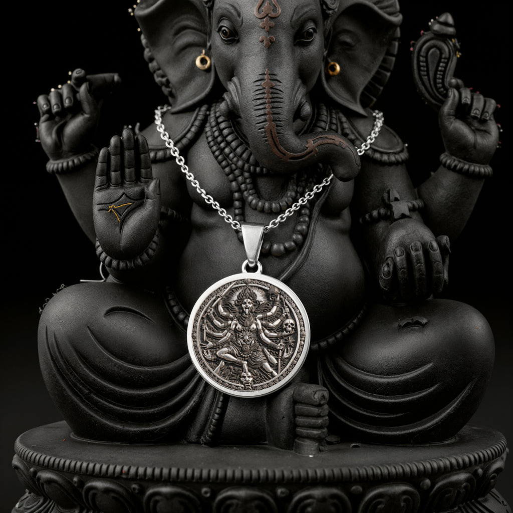 Kali Ma Divine Feminine Pendant Necklaces 925 925 Sterling Silver round pendant necklace featuring an intricate mythological scene on a dark background.