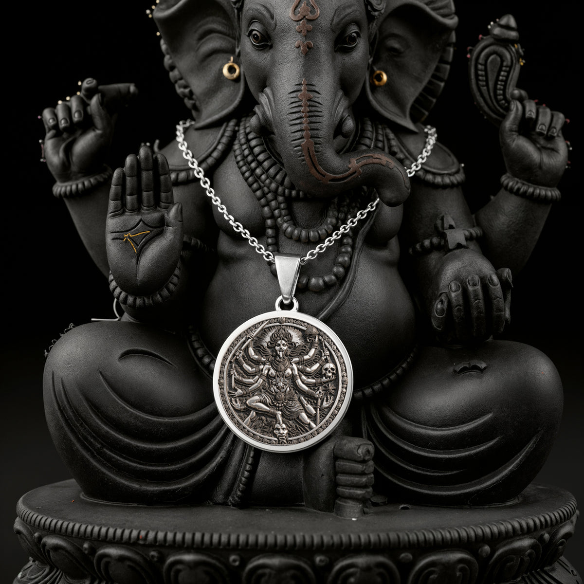 Kali Ma Divine Feminine Pendant Necklaces 925 925 Sterling Silver round pendant necklace featuring an intricate mythological scene on a dark background.