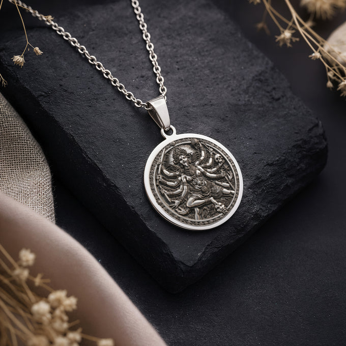 925 925 Sterling Silver Kali Ma Divine Feminine Pendant Necklaces Oxidized silver round pendant featuring a detailed mythological beast design necklace