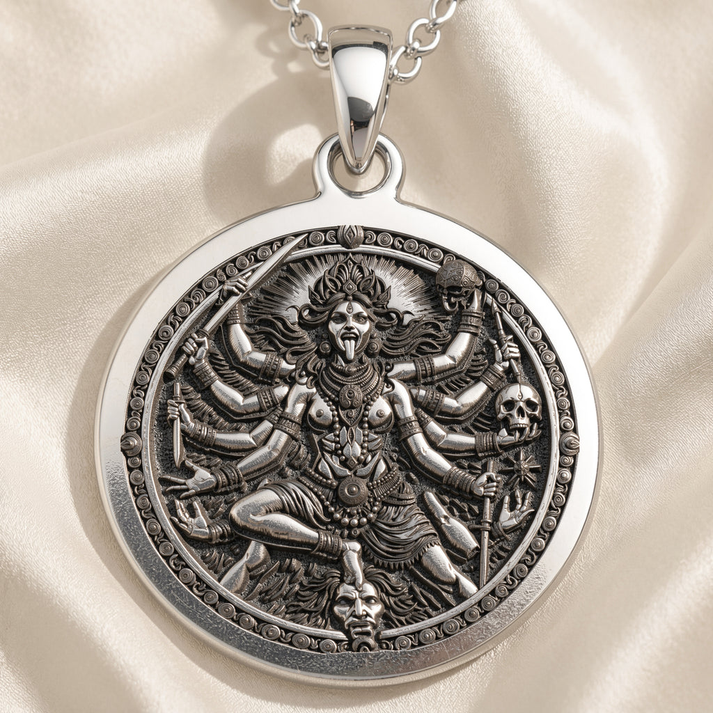 925 925 Sterling Silver Kali Ma Divine Feminine Pendant Necklaces Oxidized silver pendant necklace featuring a fierce deity figure surrounded by skulls.
