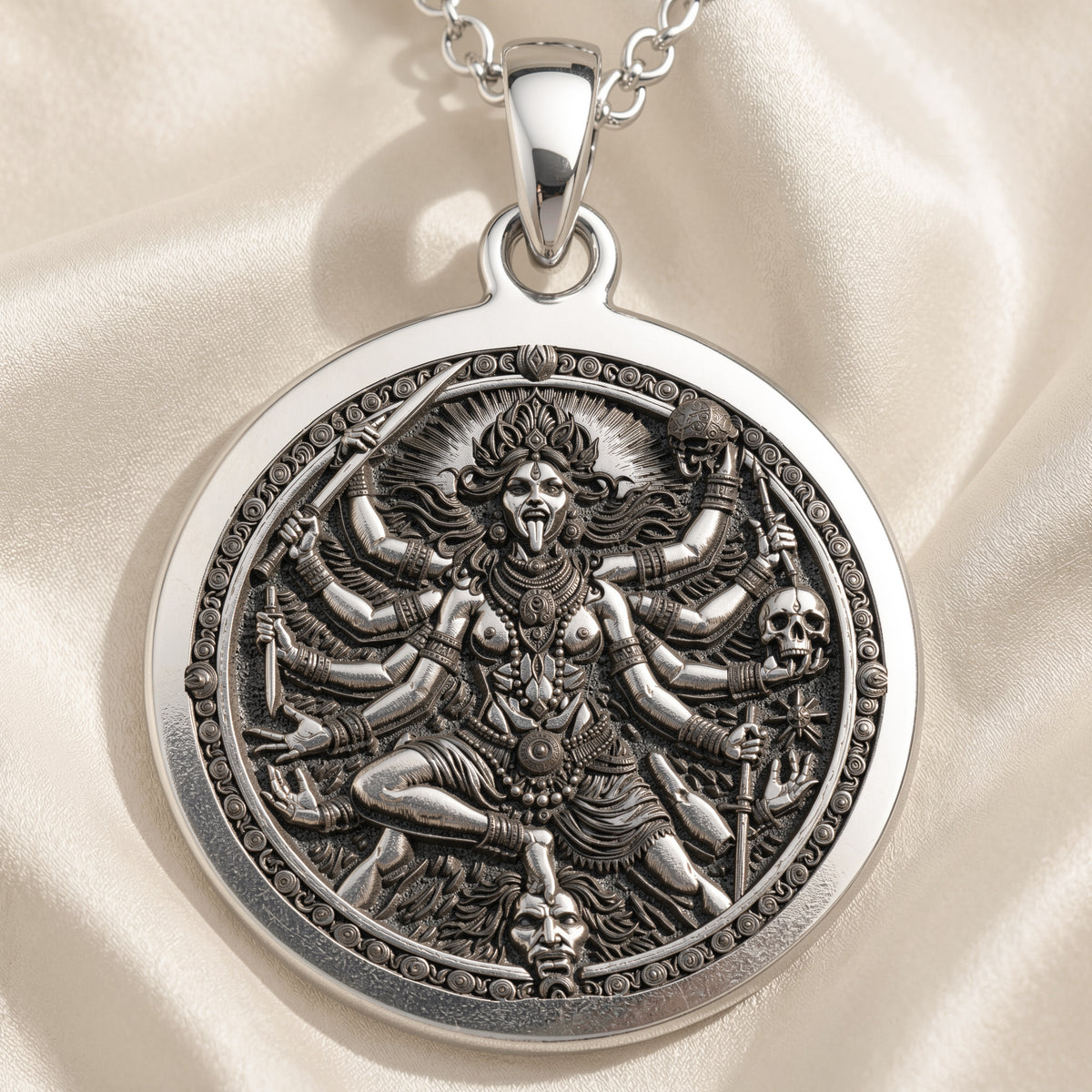 925 925 Sterling Silver Kali Ma Divine Feminine Pendant Necklaces Oxidized silver pendant necklace featuring a fierce deity figure surrounded by skulls.