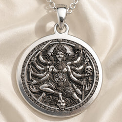 925 925 Sterling Silver Kali Ma Divine Feminine Pendant Necklaces Oxidized silver pendant necklace featuring a fierce deity figure surrounded by skulls.