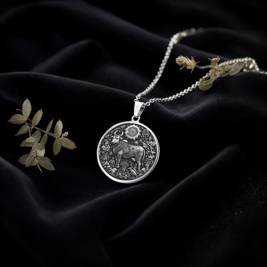 Kamadhenu Cow Hindu Cow Pendant Necklaces 925 925 Sterling Silver sterling silver round pendant featuring a detailed bull design necklace