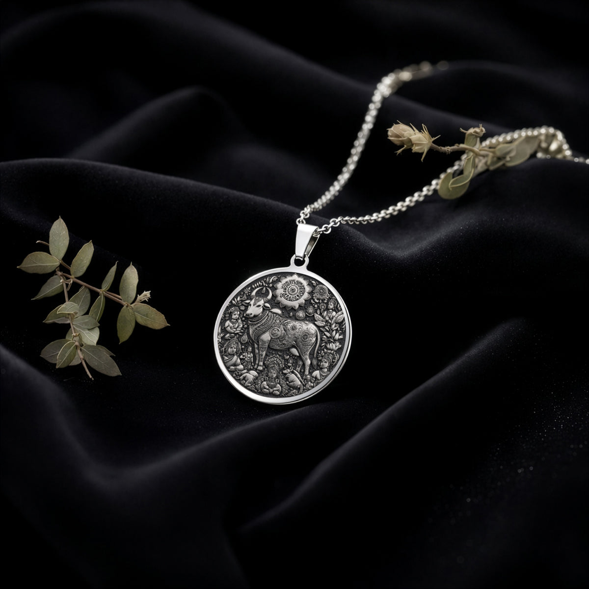 Kamadhenu Cow Hindu Cow Pendant Necklaces 925 925 Sterling Silver sterling silver round pendant featuring a detailed bull design necklace
