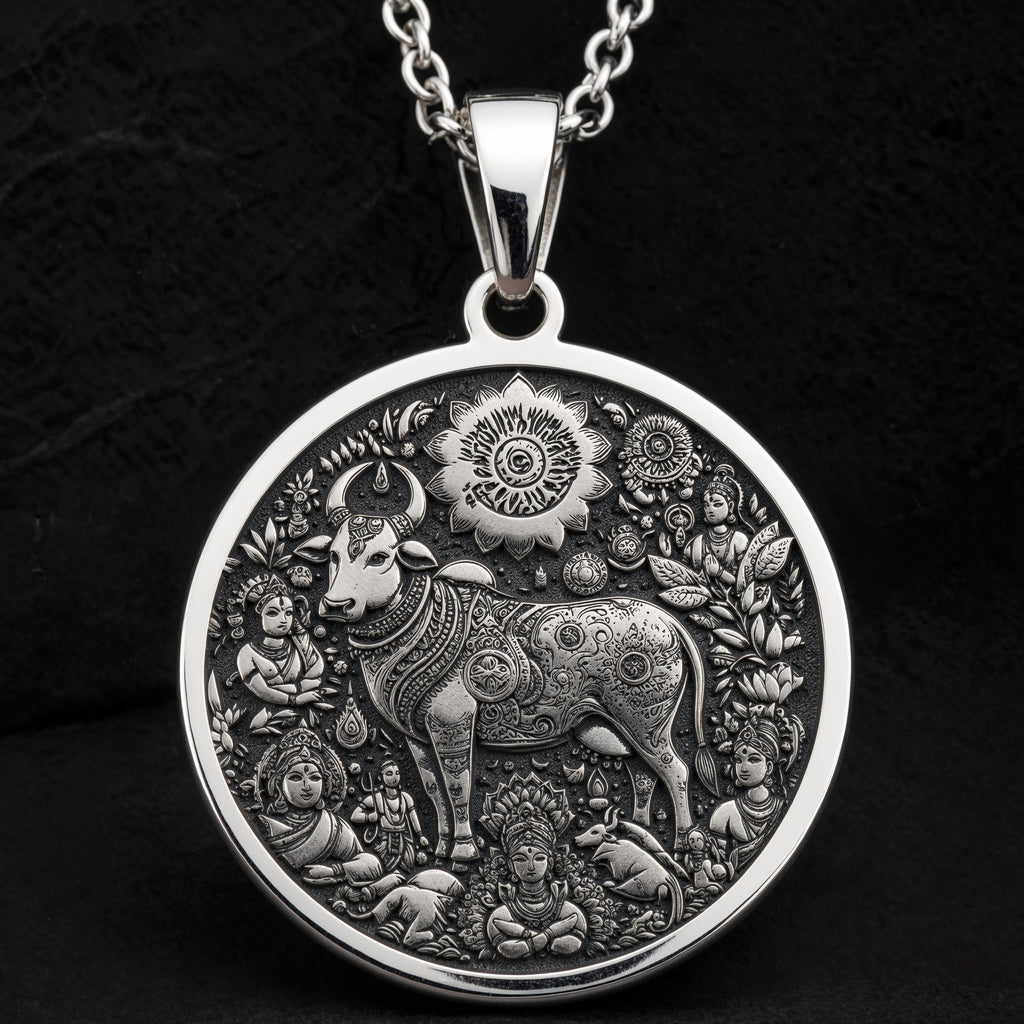 Kamadhenu Cow Hindu Cow Pendant Necklaces 925 925 Sterling Silver sterling silver pendant featuring an intricate Indian bull Nandi design with floral motifs.