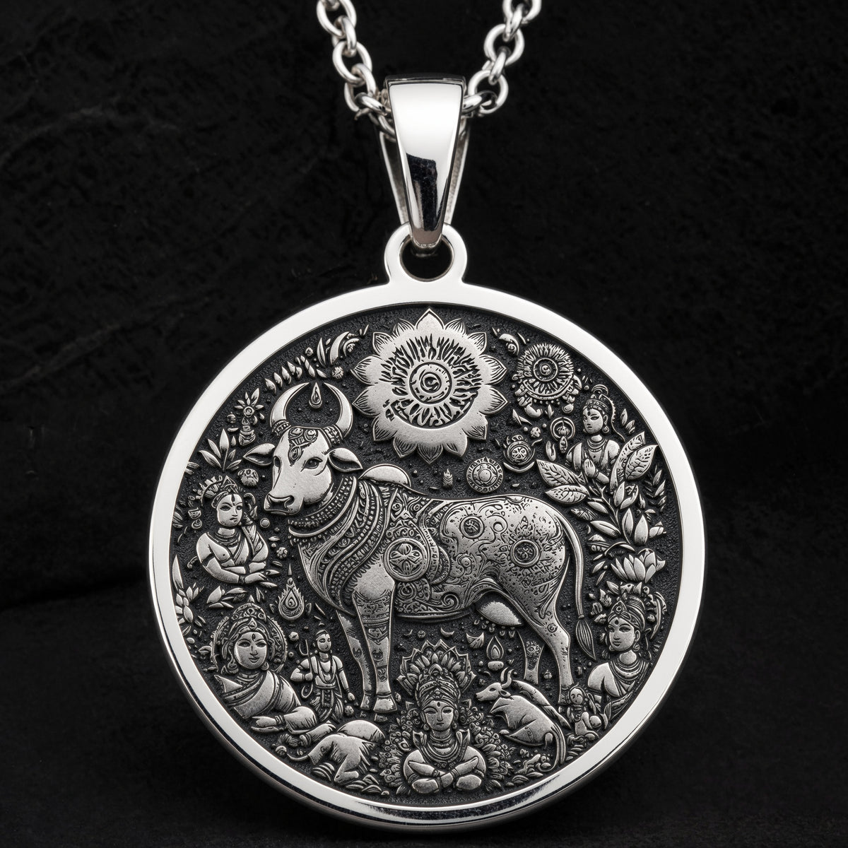 Kamadhenu Cow Hindu Cow Pendant Necklaces 925 925 Sterling Silver sterling silver pendant featuring an intricate Indian bull Nandi design with floral motifs.