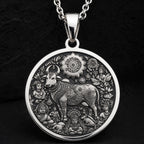 Kamadhenu Cow Hindu Cow Pendant Necklaces 925 925 Sterling Silver sterling silver pendant featuring an intricate Indian bull Nandi design with floral motifs.