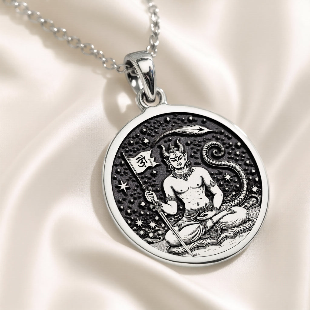 Silver plated circular pendant featuring a figure seated in a meditative pose within a decorative border. The pendant is attached to a silver chain and rests on a dark blue fabric background.