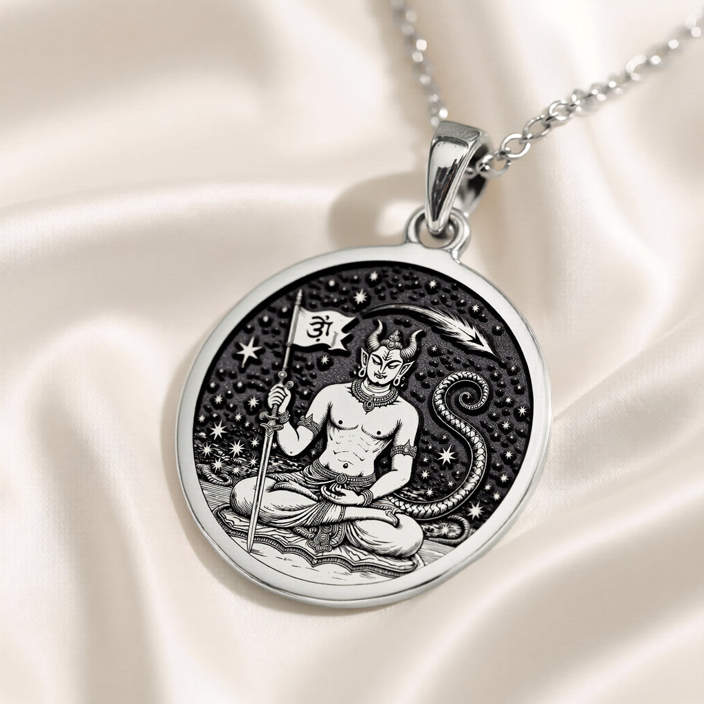Silver pendant with a circular design featuring a stylized figure in a meditative pose surrounded by swirling patterns. The surface has a matte finish and is shown from a slightly elevated angle against a dark blue background.