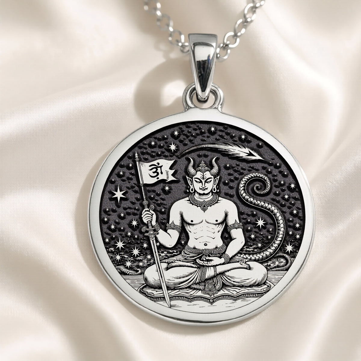 Ketu Vedic Lunar Node Astrological Pendant — Solid 925 Sterling Silver angled engraving detail