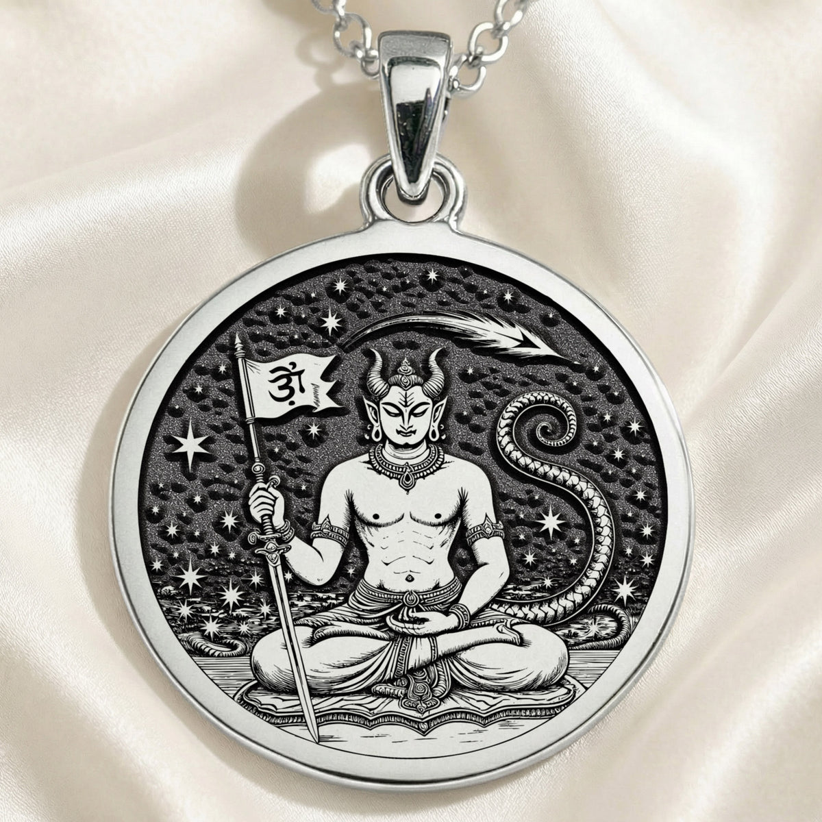Ketu Vedic Lunar Node Astrological Pendant — Solid 925 Sterling Silver scale & profile view