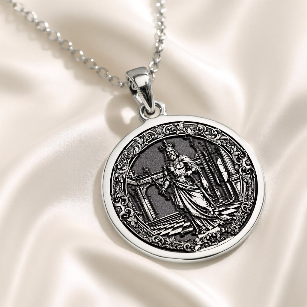 Silver pendant featuring a circular design of a king chess motif with an intricate surface finish, shown from a close-up view on a velvet background