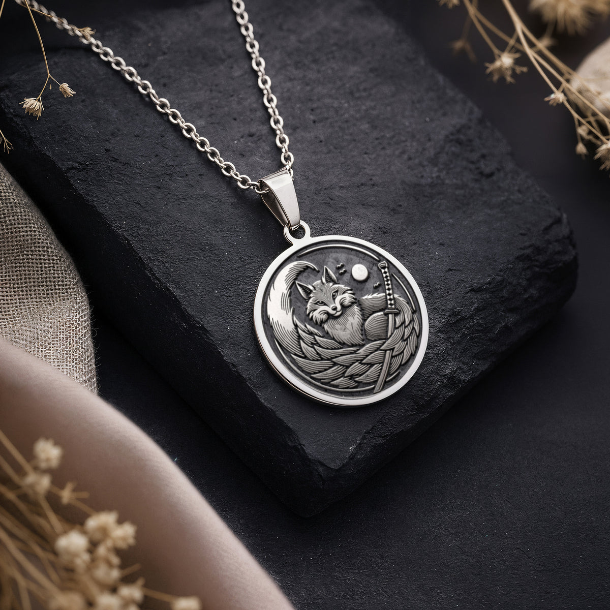 Kitsune Fox Medallion Necklace Necklaces 925 925 Sterling Silver sterling silver pendant featuring an intertwined fox design on a round disc necklace.