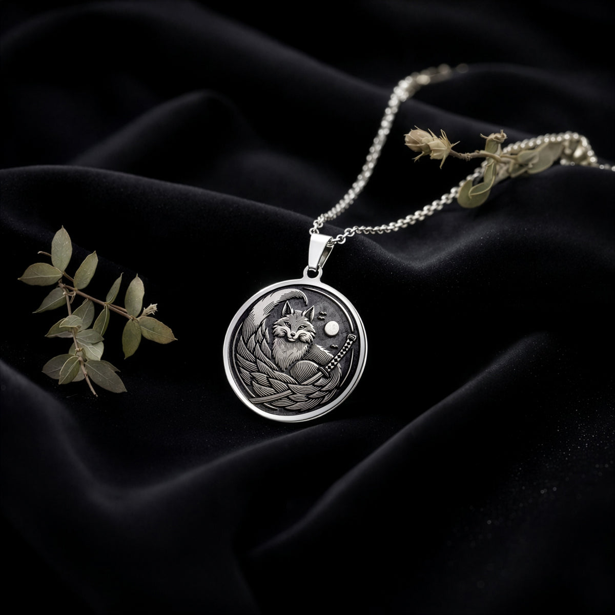 925 925 Sterling Silver Kitsune Fox Medallion Necklace Necklaces Oxidized silver sterling silver cat face pendant necklace on black fabric