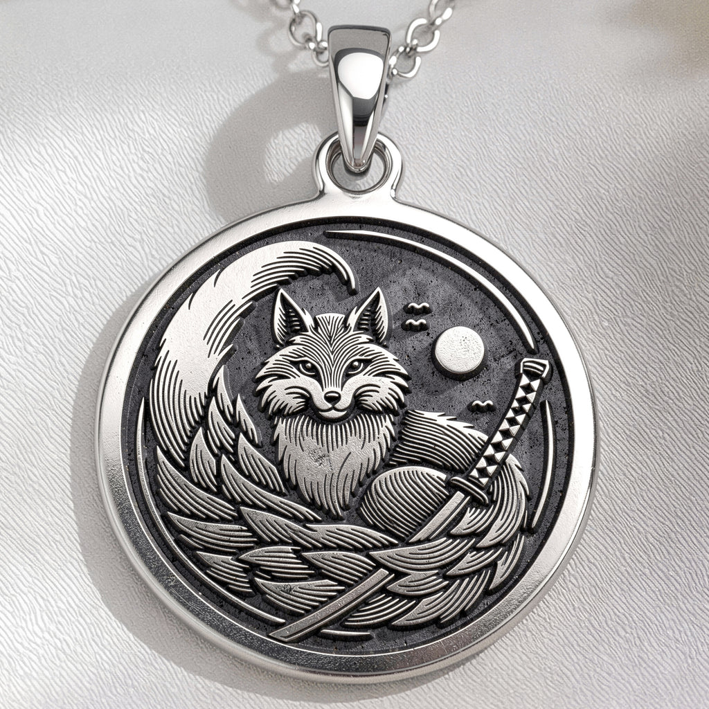 925 925 Sterling Silver Kitsune Fox Medallion Necklace Necklaces Oxidized silver fox head with sword pendant necklace