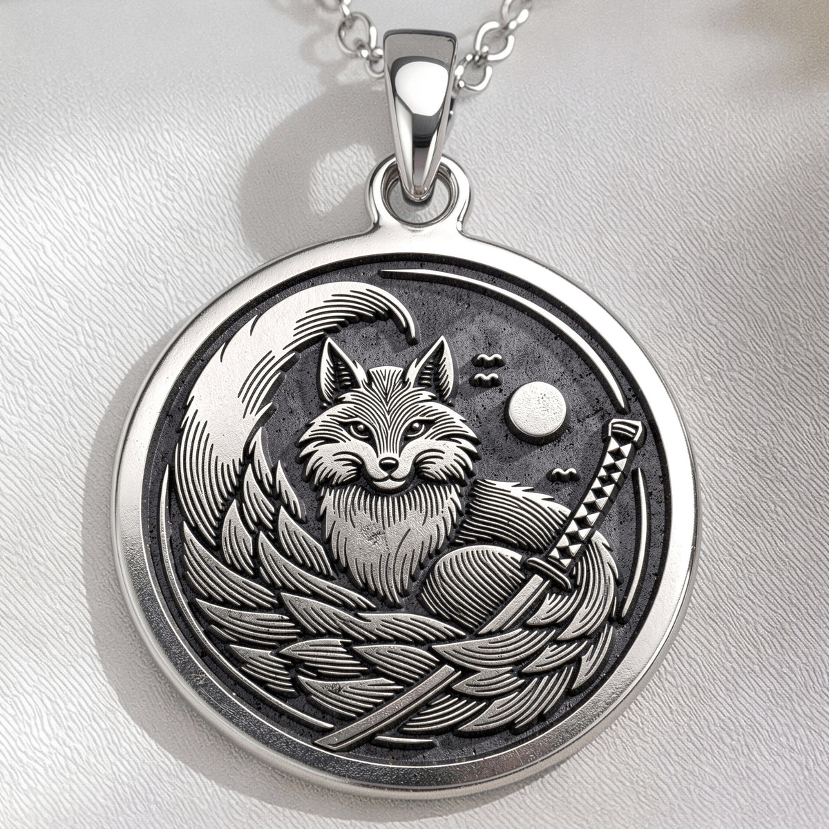 925 925 Sterling Silver Kitsune Fox Medallion Necklace Necklaces Oxidized silver fox head with sword pendant necklace