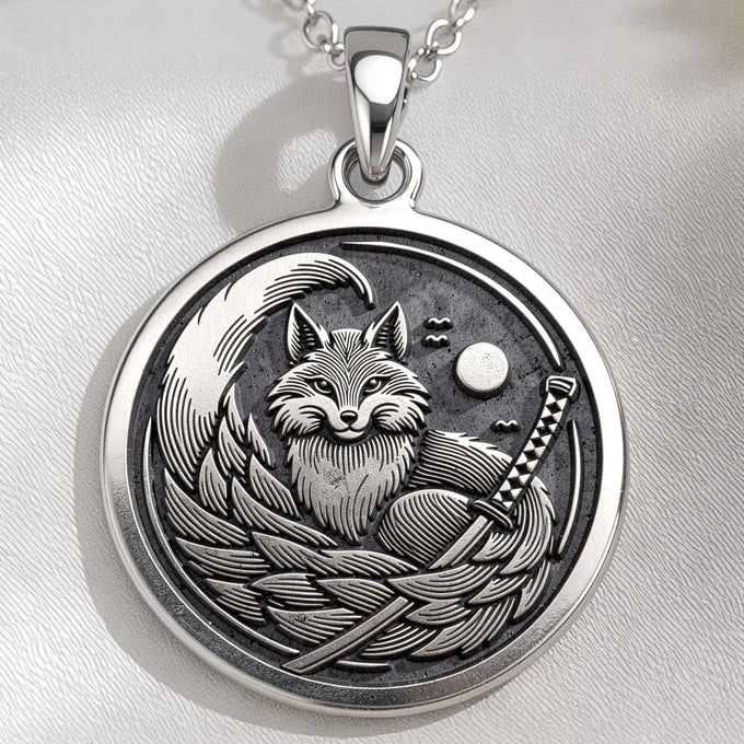 925 925 Sterling Silver Kitsune Fox Medallion Necklace Necklaces Oxidized silver fox head with sword pendant necklace