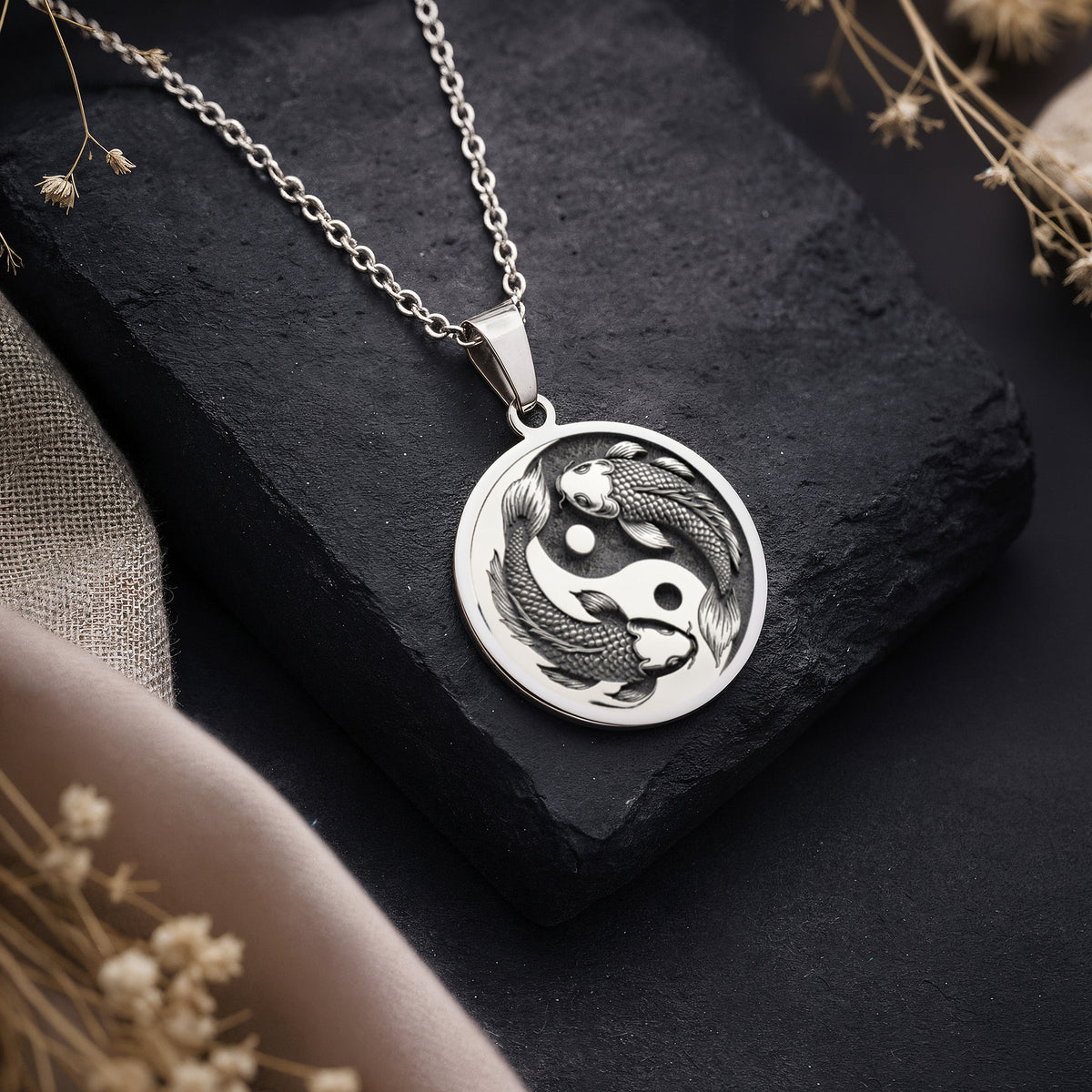 Koi Fish Talisman Necklace Necklaces 925 925 Sterling Silver Yin and Yang symbol pendant necklace on dark slate background