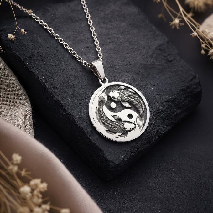 Koi Fish Talisman Necklace Necklaces 925 925 Sterling Silver Yin and Yang symbol pendant necklace on dark slate background