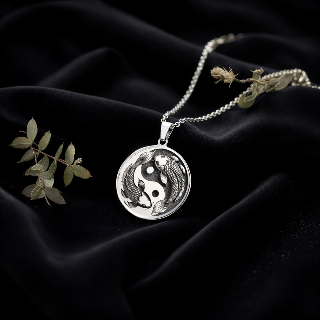 Koi Fish Talisman Necklace Necklaces 925 925 Sterling Silver dragon coiled pendant necklace on black fabric.