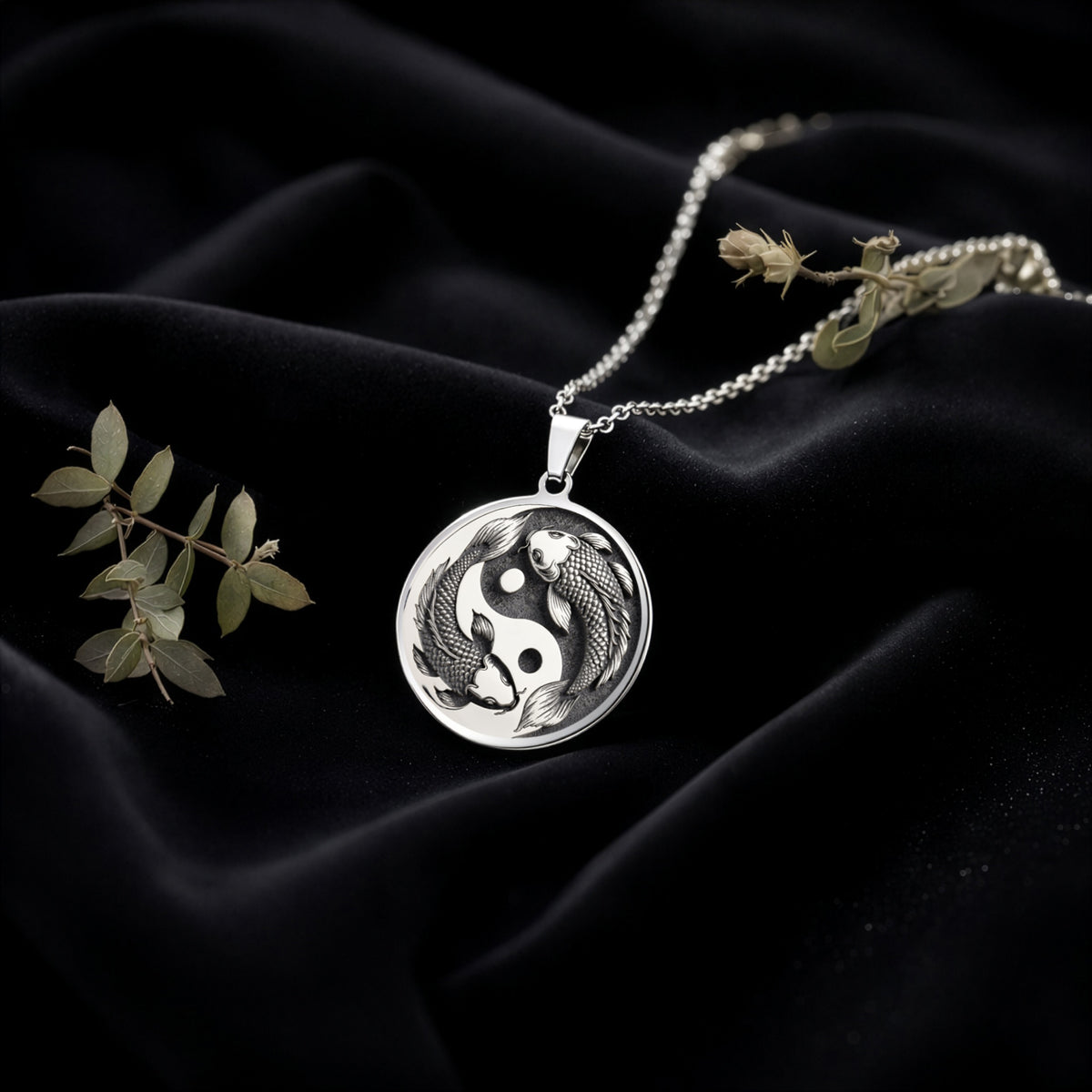 Koi Fish Talisman Necklace Necklaces 925 925 Sterling Silver dragon coiled pendant necklace on black fabric.