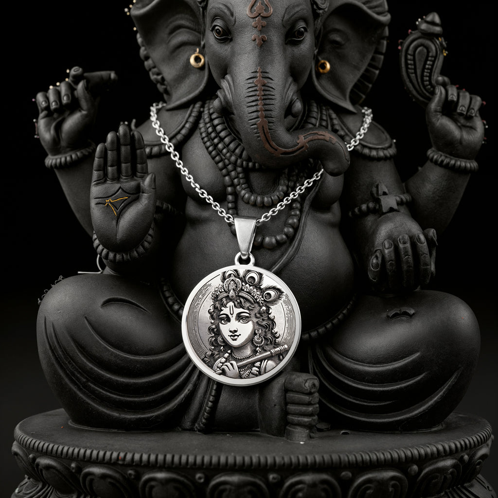 925 925 Sterling Silver Krishna God Talisman Necklace Necklaces Oxidized silver portrait pendant necklace with round frame and ethnic design