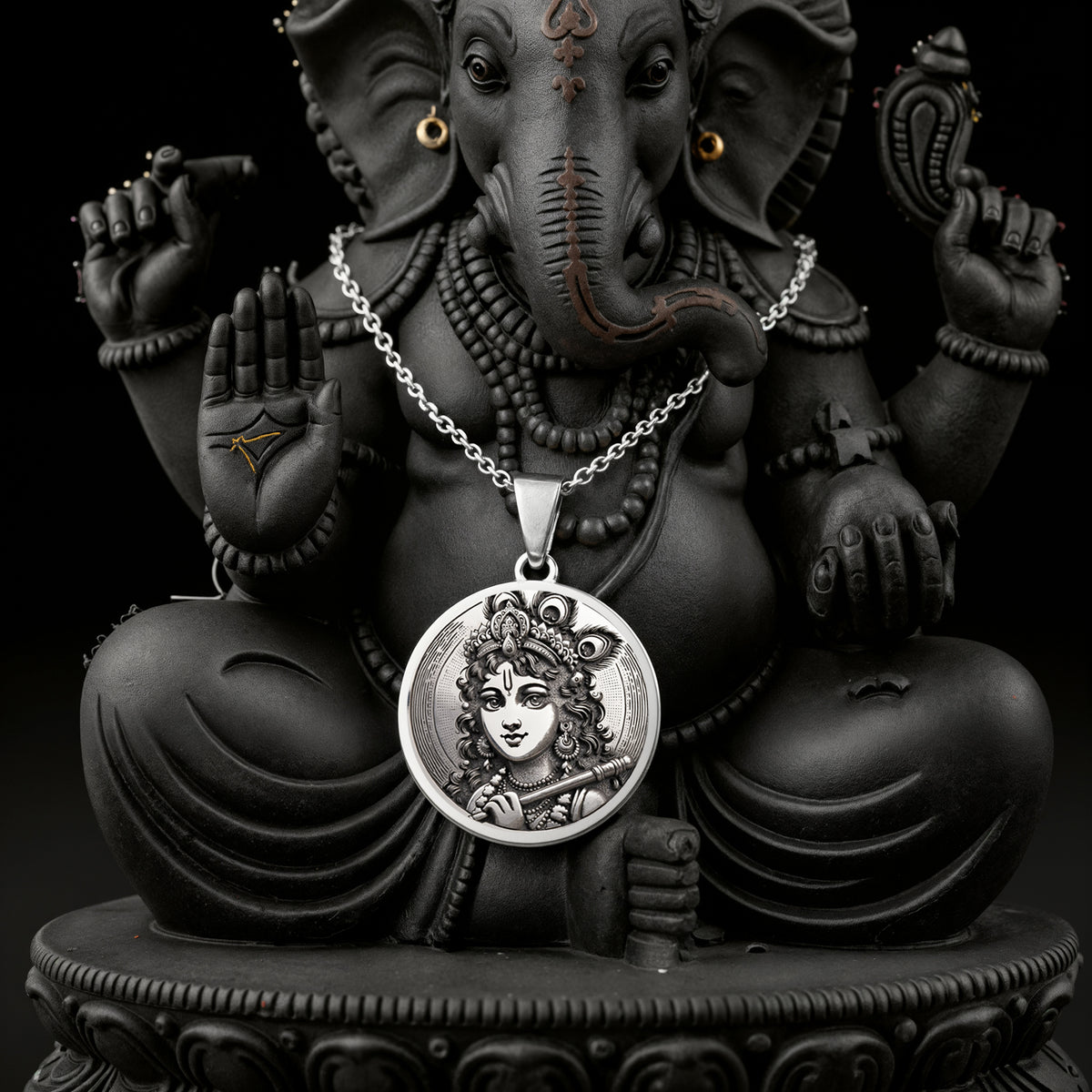 925 925 Sterling Silver Krishna God Talisman Necklace Necklaces Oxidized silver portrait pendant necklace with round frame and ethnic design