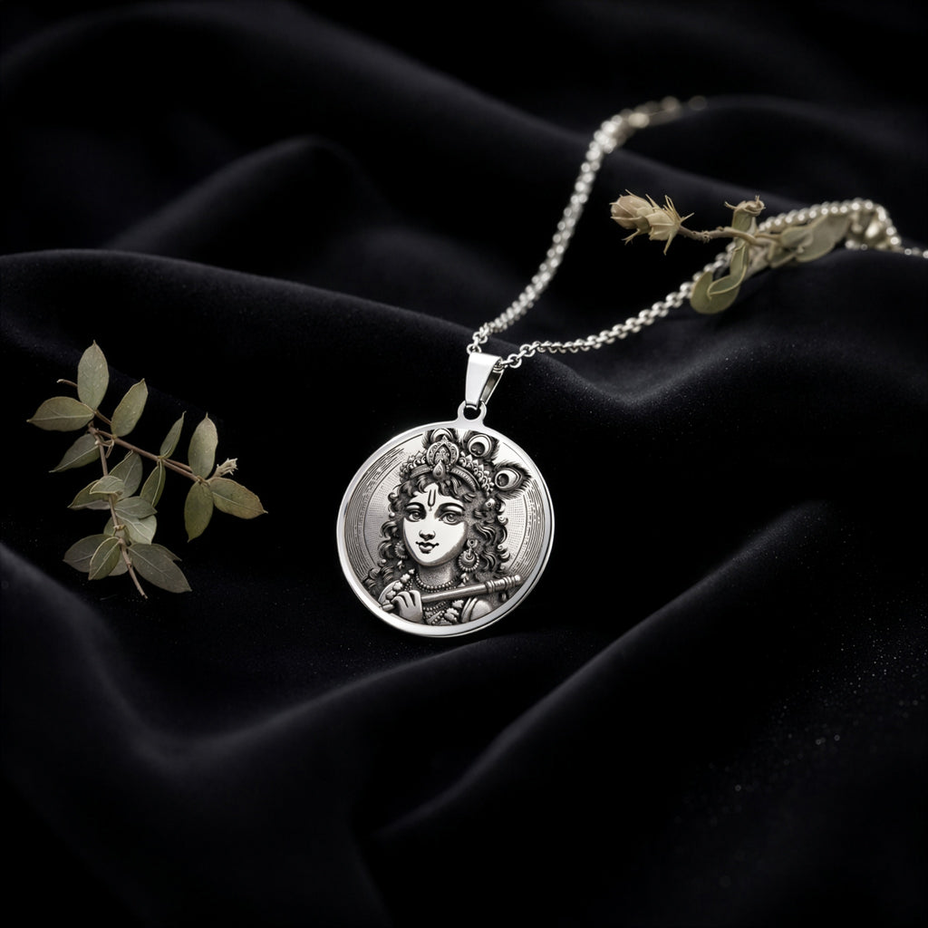 Krishna God Talisman Necklace Necklaces 925 925 Sterling Silver portrait pendant with ornate hair and foliage necklace