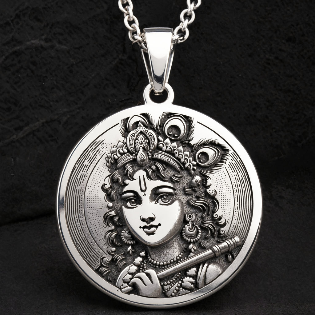 Krishna God Talisman Necklace Necklaces 925 925 Sterling Silver engraved portrait pendant necklace with intricate woman design