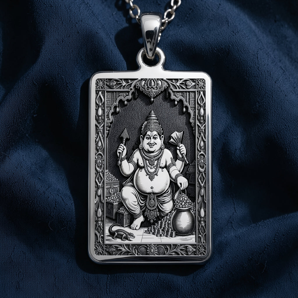 Silver rectangular pendant with an intricate engraved design of Kubera God of Wealth framed by decorative borders. This pendant hangs from a silver chain and shows a bright metallic finish.