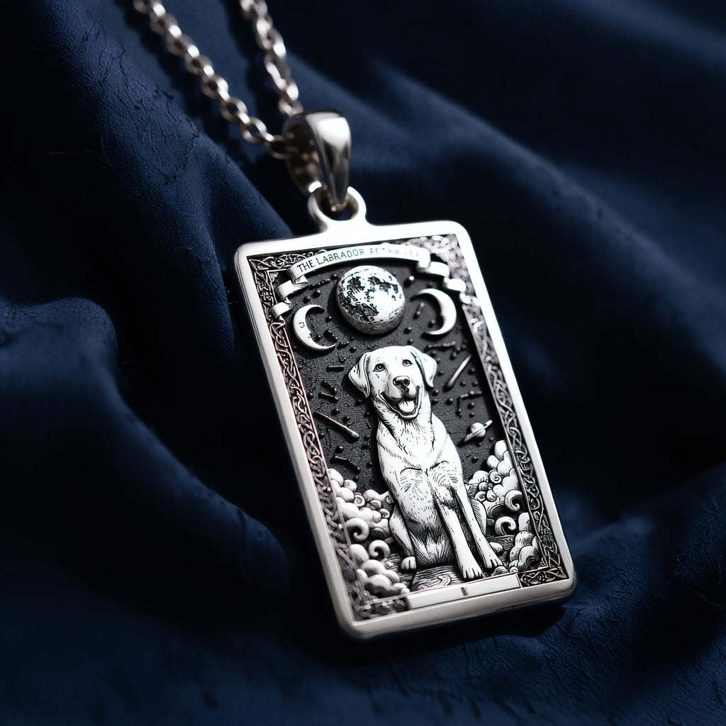 Dimension and scale perspective of 925 Sterling Silver Labrador Retriever Dog Tarot Card Rectangle Pendant Necklace, perfect unisex Loyal Dog Memorial & Wildlife Nature Spirit Animal Jewelry.
