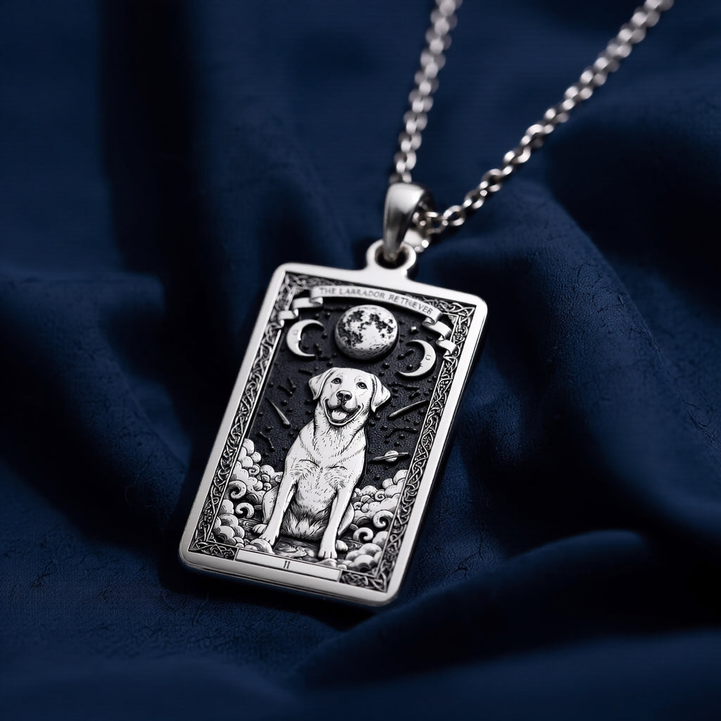 Top-down angle view of 925 Sterling Silver Labrador Retriever Dog Tarot Card Rectangle Pendant Necklace, displaying fine engraved pattern.