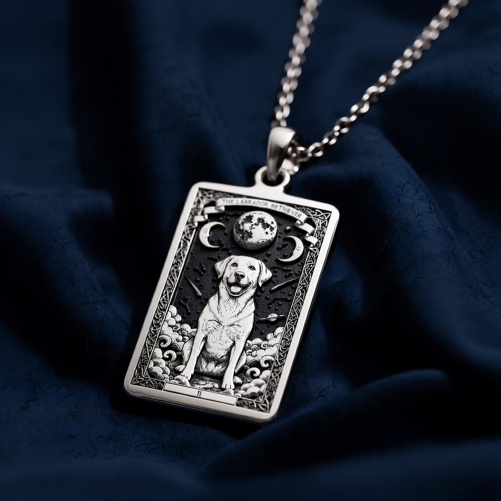 Soft lighting studio shot of 925 Sterling Silver Labrador Retriever Dog Tarot Card Rectangle Pendant Necklace, brilliant luster in solid hypoallergenic 925 sterling silver.