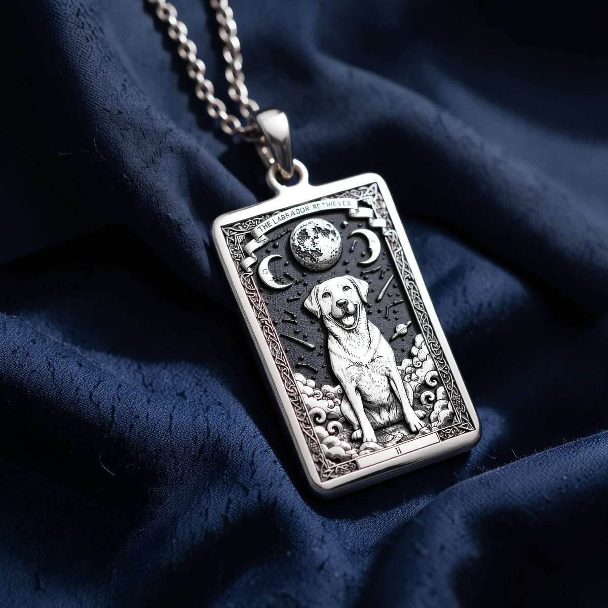 Complete collection overview angle of 925 Sterling Silver Labrador Retriever Dog Tarot Card Rectangle Pendant Necklace, handmade heirloom quality.