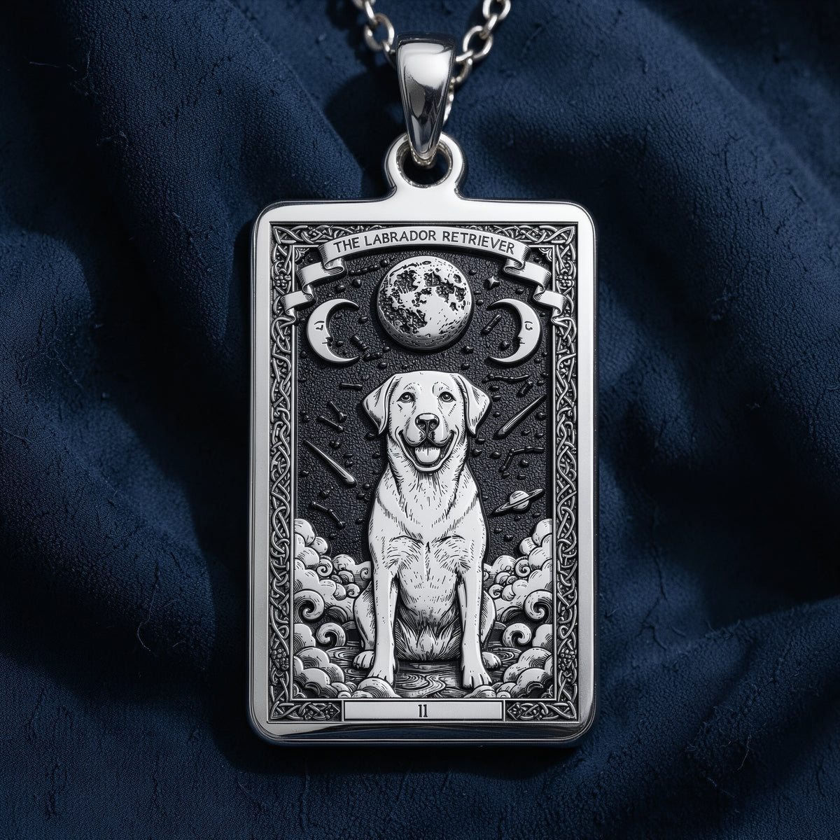 Angled perspective of 925 Sterling Silver Labrador Retriever Dog Tarot Card Rectangle Pendant Necklace, showcasing textured border craftsmanship in solid hypoallergenic 925 sterling silver.