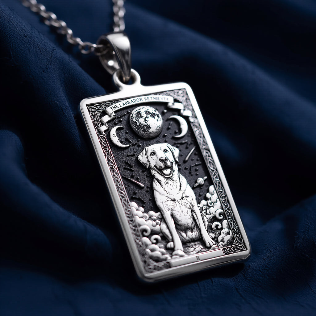 Macro detail view of 925 Sterling Silver Labrador Retriever Dog Tarot Card Rectangle Pendant Necklace, highlighting polished bail and three-dimensional relief.