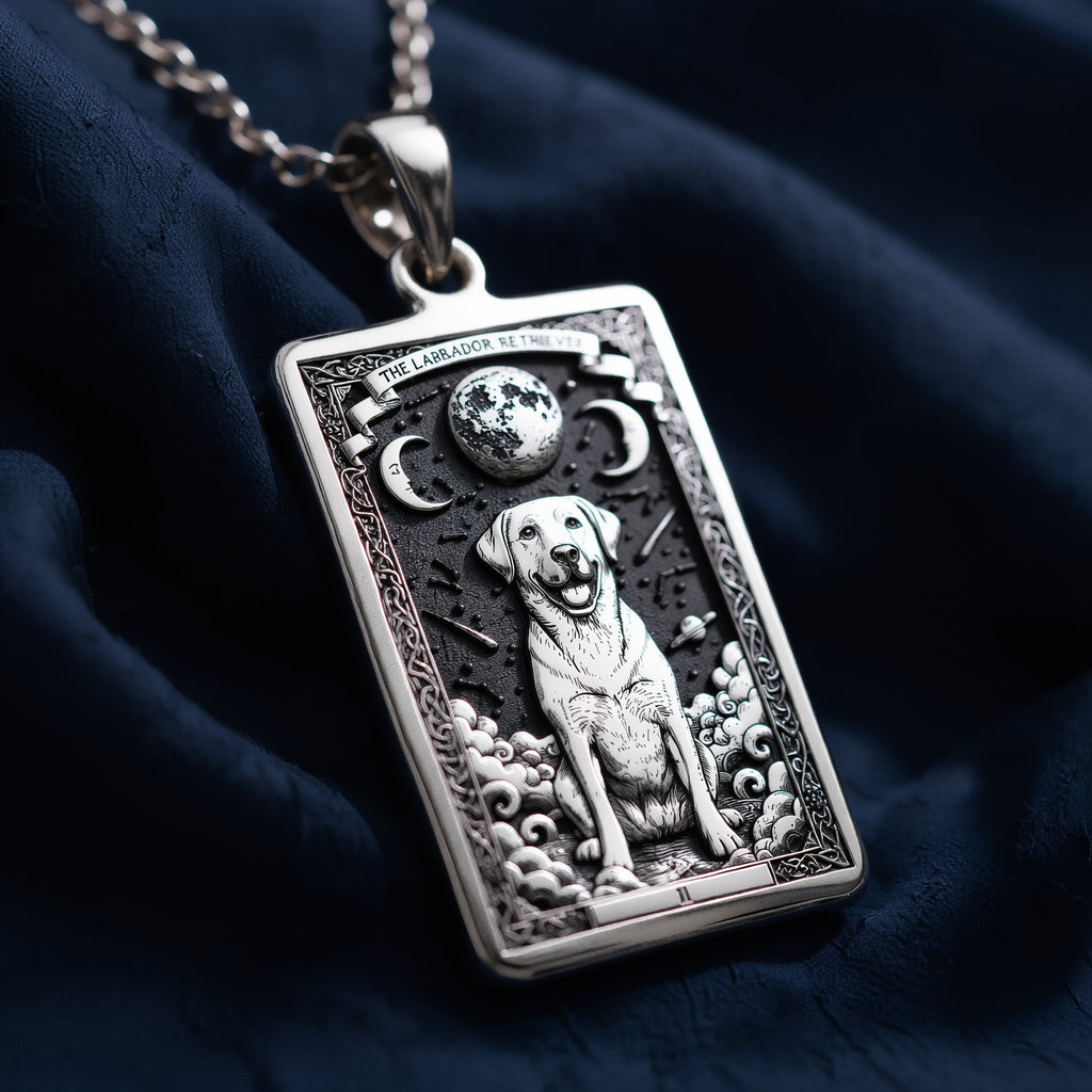 Side profile and bevel edge shot of 925 Sterling Silver Labrador Retriever Dog Tarot Card Rectangle Pendant Necklace, crafted in durable solid hypoallergenic 925 sterling silver.