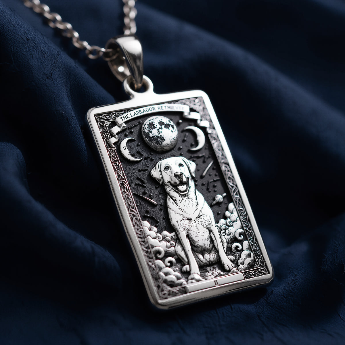 Side profile and bevel edge shot of 925 Sterling Silver Labrador Retriever Dog Tarot Card Rectangle Pendant Necklace, crafted in durable solid hypoallergenic 925 sterling silver.