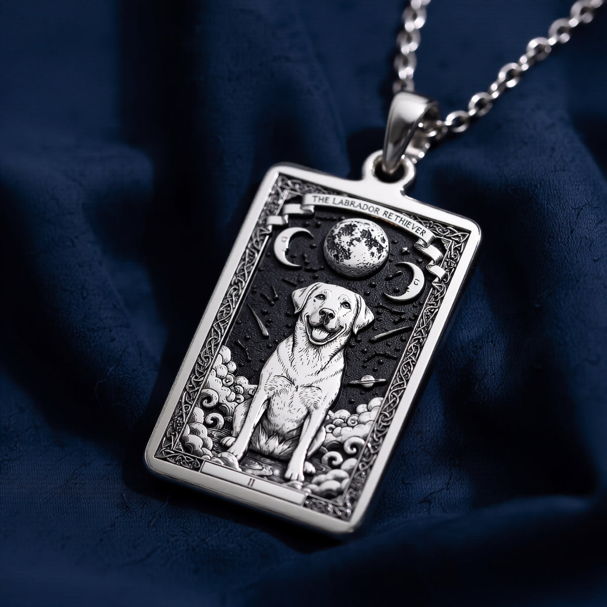 Elegant lifestyle display of 925 Sterling Silver Labrador Retriever Dog Tarot Card Rectangle Pendant Necklace, showing wearable proportions for Loyal Dog Memorial & Wildlife Nature Spirit Animal Jewelry.