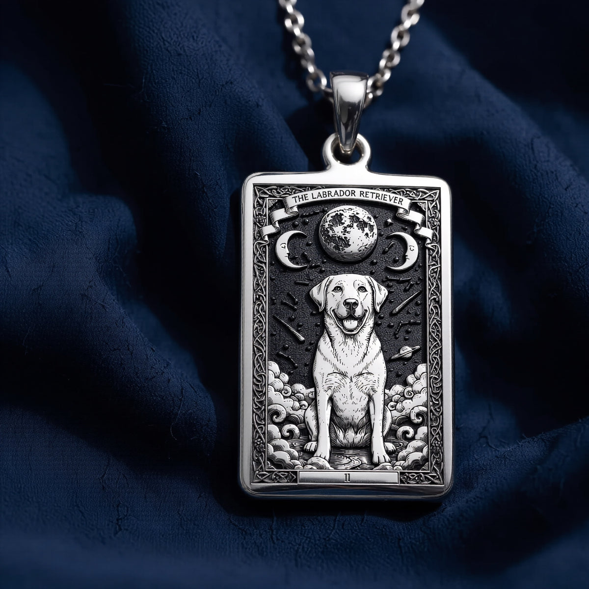 Atmospheric studio close-up of 925 Sterling Silver Labrador Retriever Dog Tarot Card Rectangle Pendant Necklace, highlighting vintage aesthetic in solid hypoallergenic 925 sterling silver.
