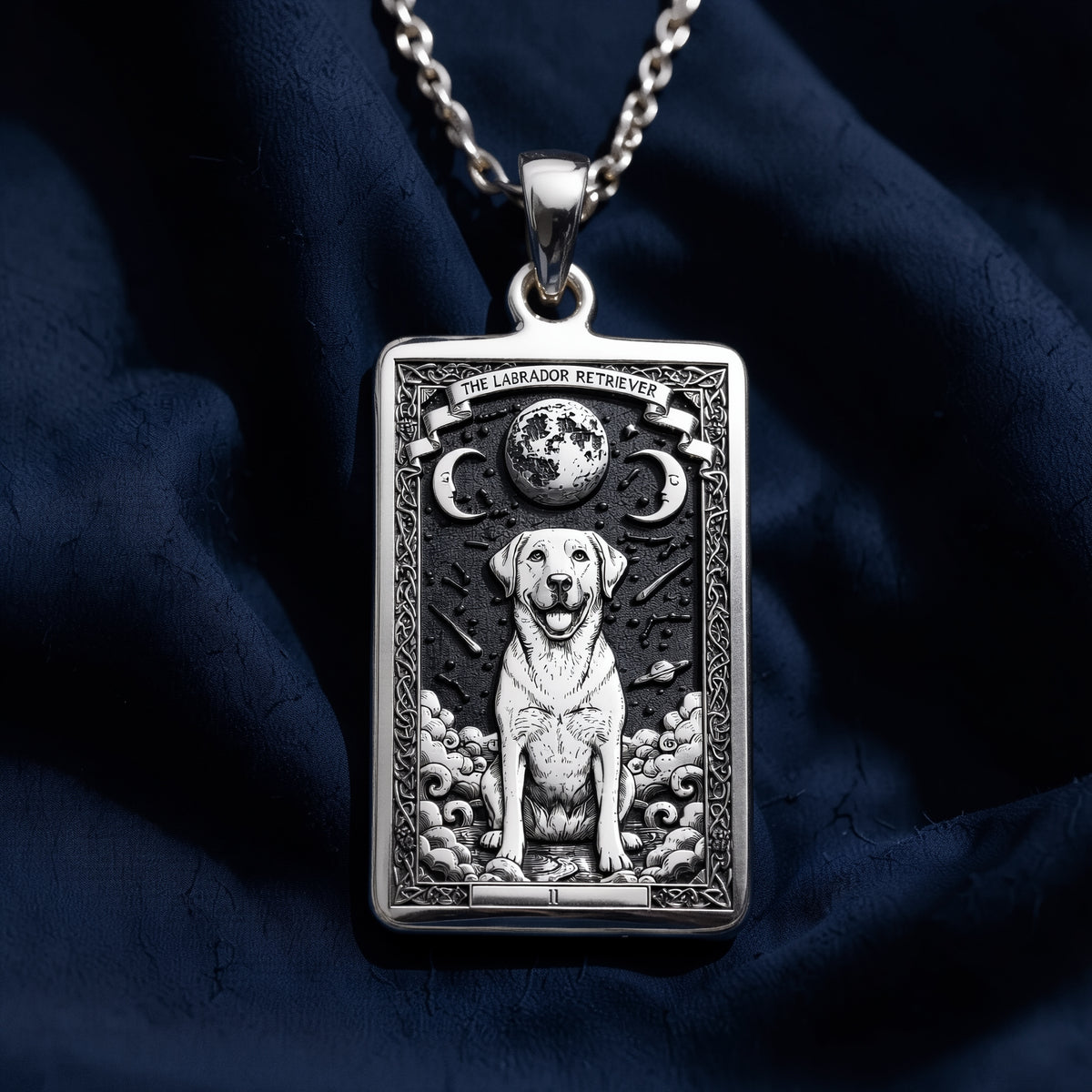 High-resolution detail shot of 925 Sterling Silver Labrador Retriever Dog Tarot Card Rectangle Pendant Necklace, capturing fine hand-finished contours.